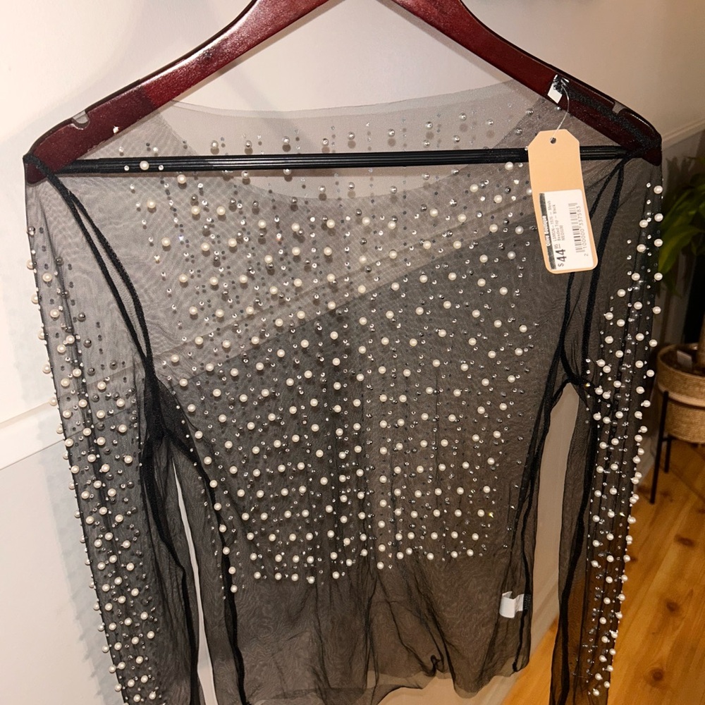 Elegant Black Sheer Pearl Embellished Top